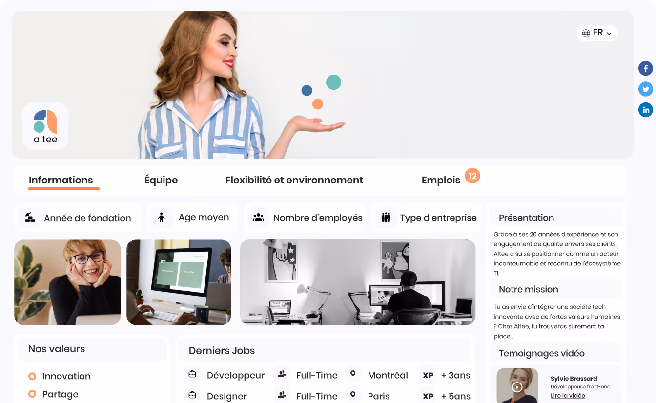 Interface du site Altee avec informations sur l'entreprise, valeurs, offres d'emploi et témoignage vidéo.