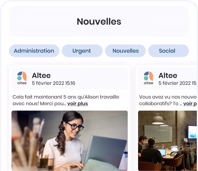 Capture d'écran d'une interface de nouvelles internes avec onglets de catégories et articles affichant du texte en français et des images de personnes au travail.