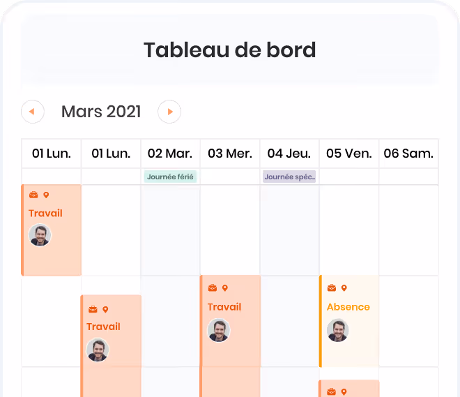 Tableau de bord montrant un calendrier de la semaine de mars 2021 avec des jours de travail et une absence indiqués par des blocs colorés incluant les photos des employés.
