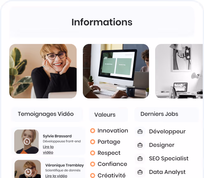 Section Informations avec photos et textes sur témoignages vidéo, valeurs comme Innovation et Confiance, et derniers emplois comme Développeur et Data Analyst.