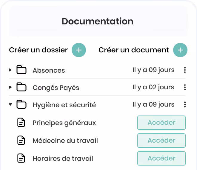 Écran d'interface de documentation affichant des dossiers et des documents liés aux absences, congés payés, et hygiène et sécurité avec options pour accéder aux fichiers.
