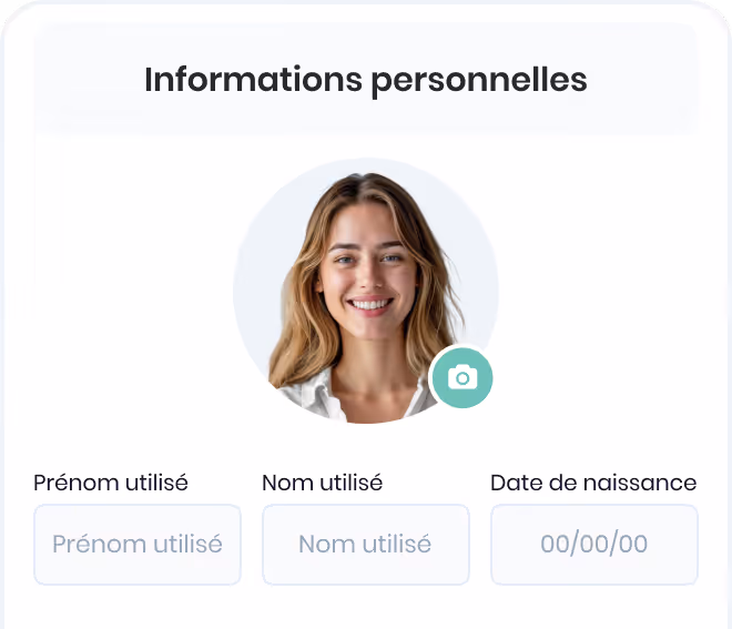 Formulaire d'informations personnelles avec photo d'une femme souriante et champs pour prénom, nom et date de naissance.