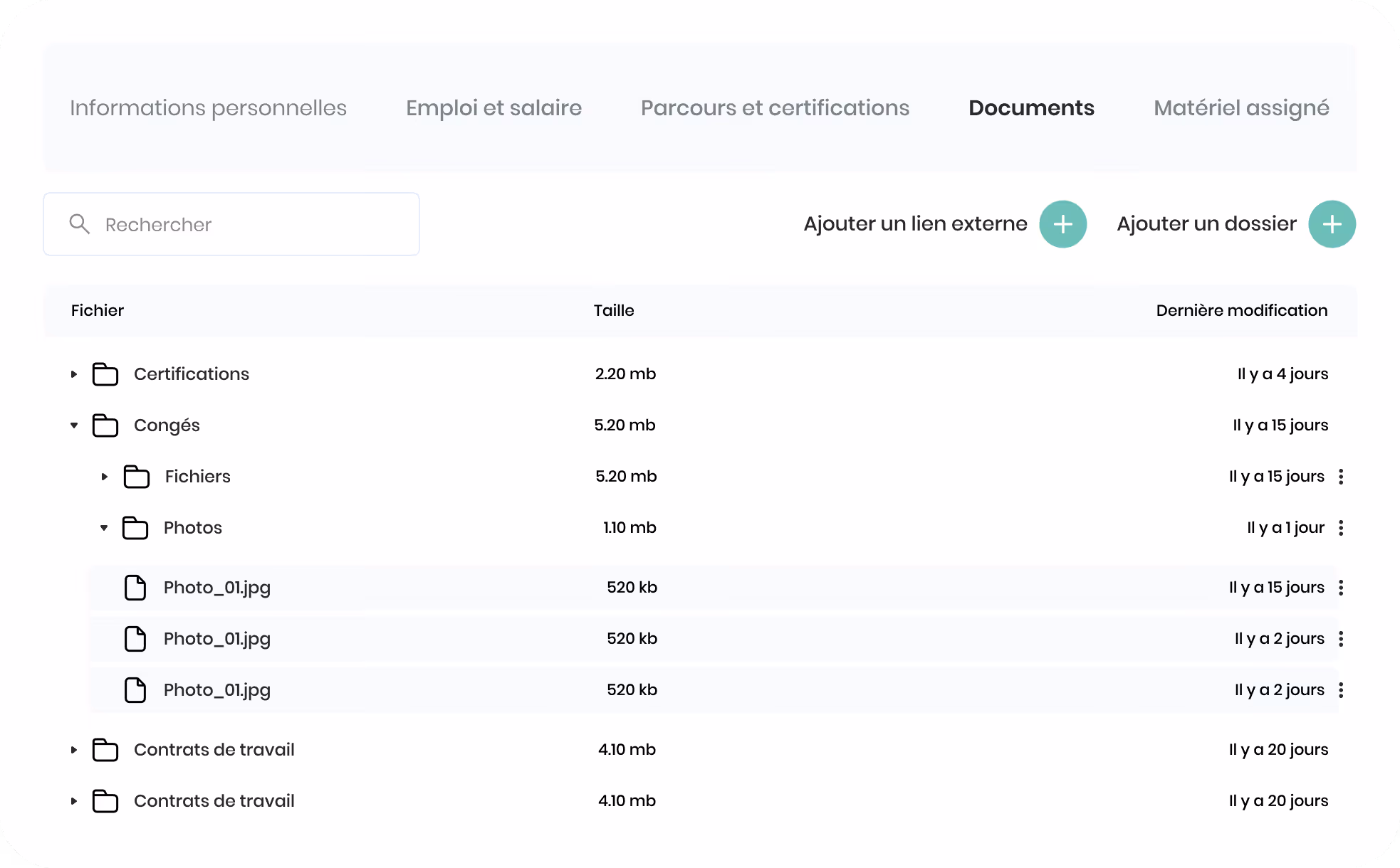 Interface de gestion de documents avec dossiers nommés Certifications, Congés (contenant Fichiers et Photos), et Contrats de travail, affichant tailles de fichiers et dates de dernière modification.