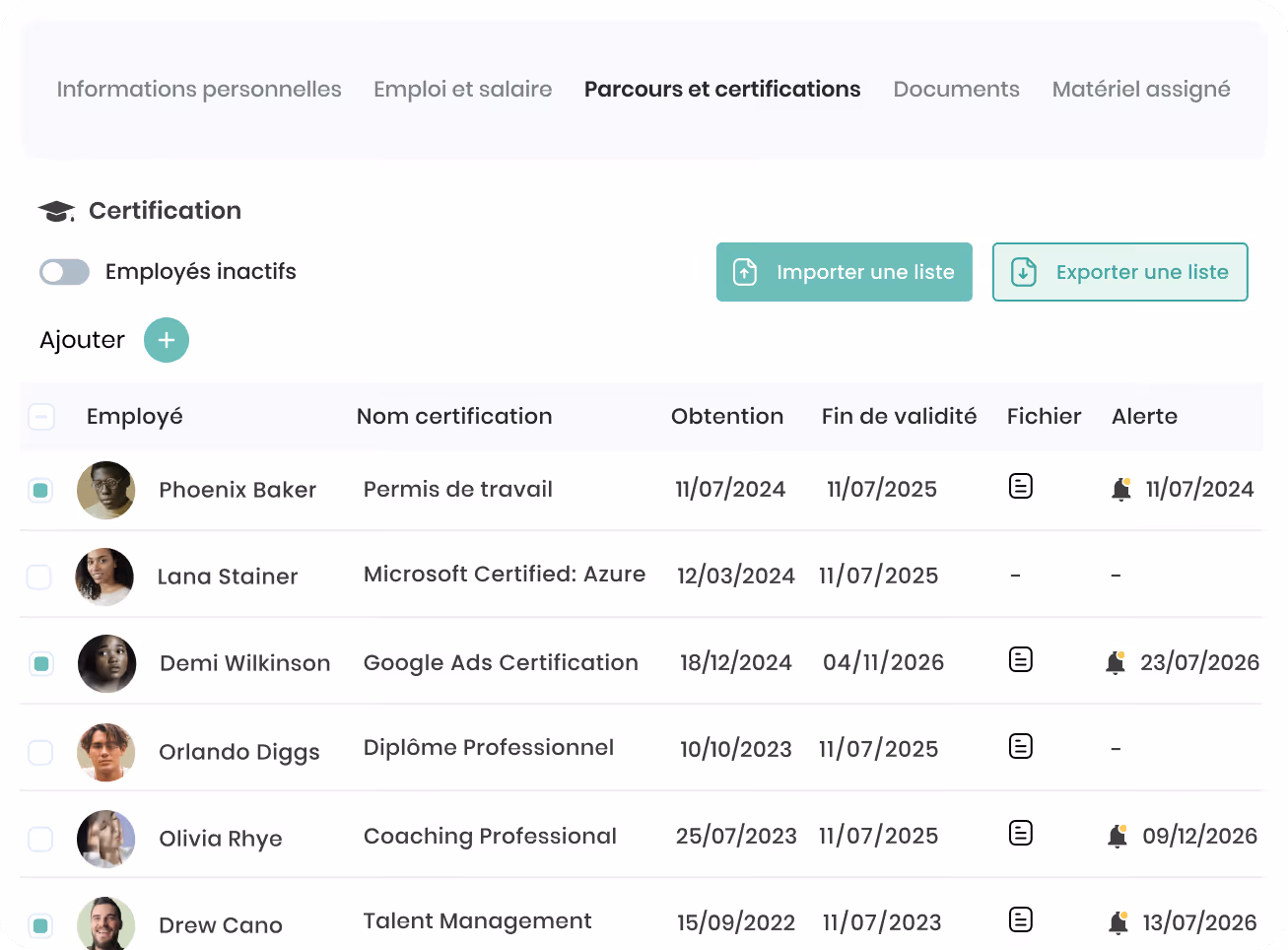Tableau de certifications avec employés, noms de certification, dates d'obtention, fin de validité, fichiers associés et alertes de notification.