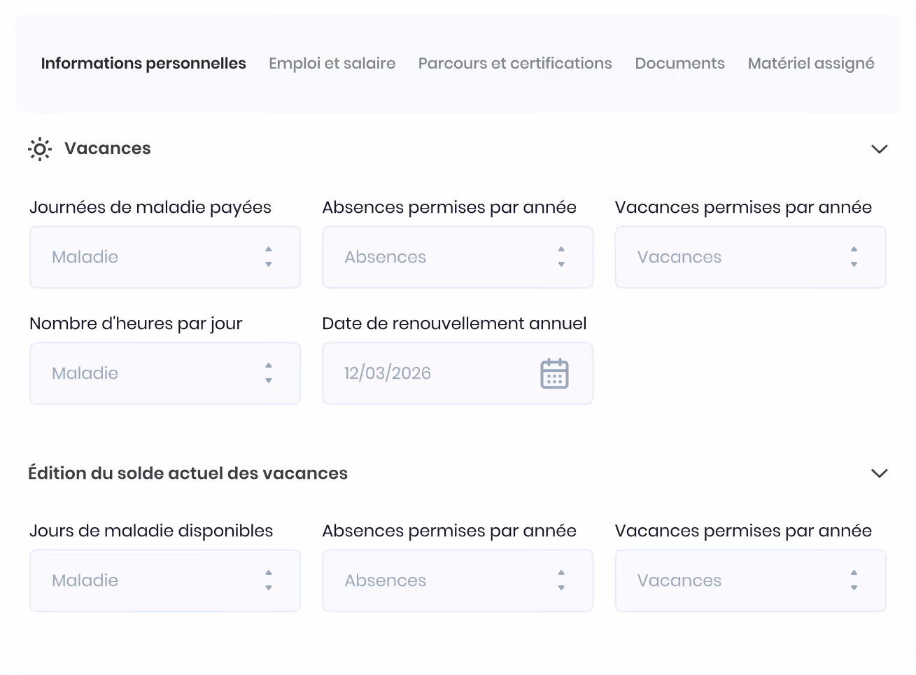 Formulaire de gestion des vacances avec sections pour jours de maladie payés, absences annuelles, vacances annuelles, nombre d'heures par jour, et date de renouvellement annuel.