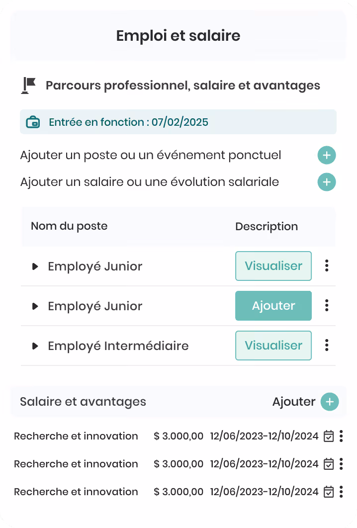 Interface gestion emploi et salaire montrant postes d'Employé Junior et Intermédiaire avec options visualiser ou ajouter, et salaires Recherche et innovation à 3 000 $ du 12/06/2023 au 12/10/2024.