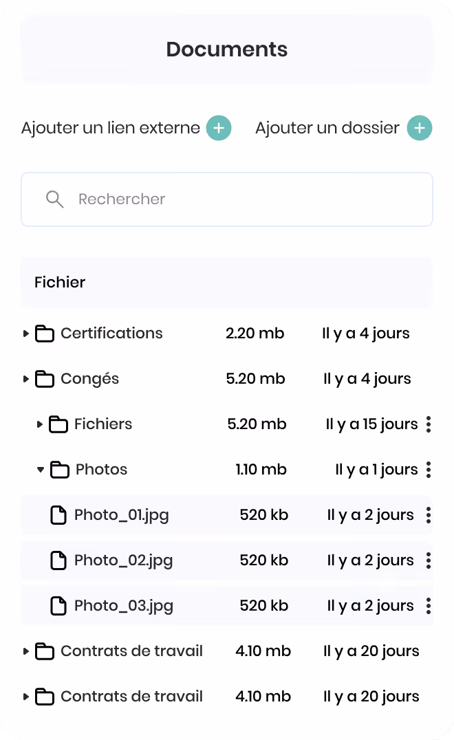 Interface de gestion de documents avec dossiers et fichiers listés, affichant les tailles et dates de modification en français.