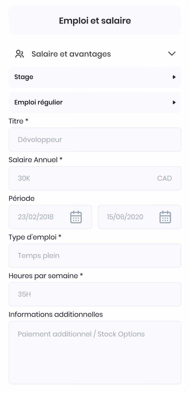 Formulaire d'emploi et salaire avec champs pour titre, salaire annuel, période, type d'emploi, heures par semaine et informations additionnelles.