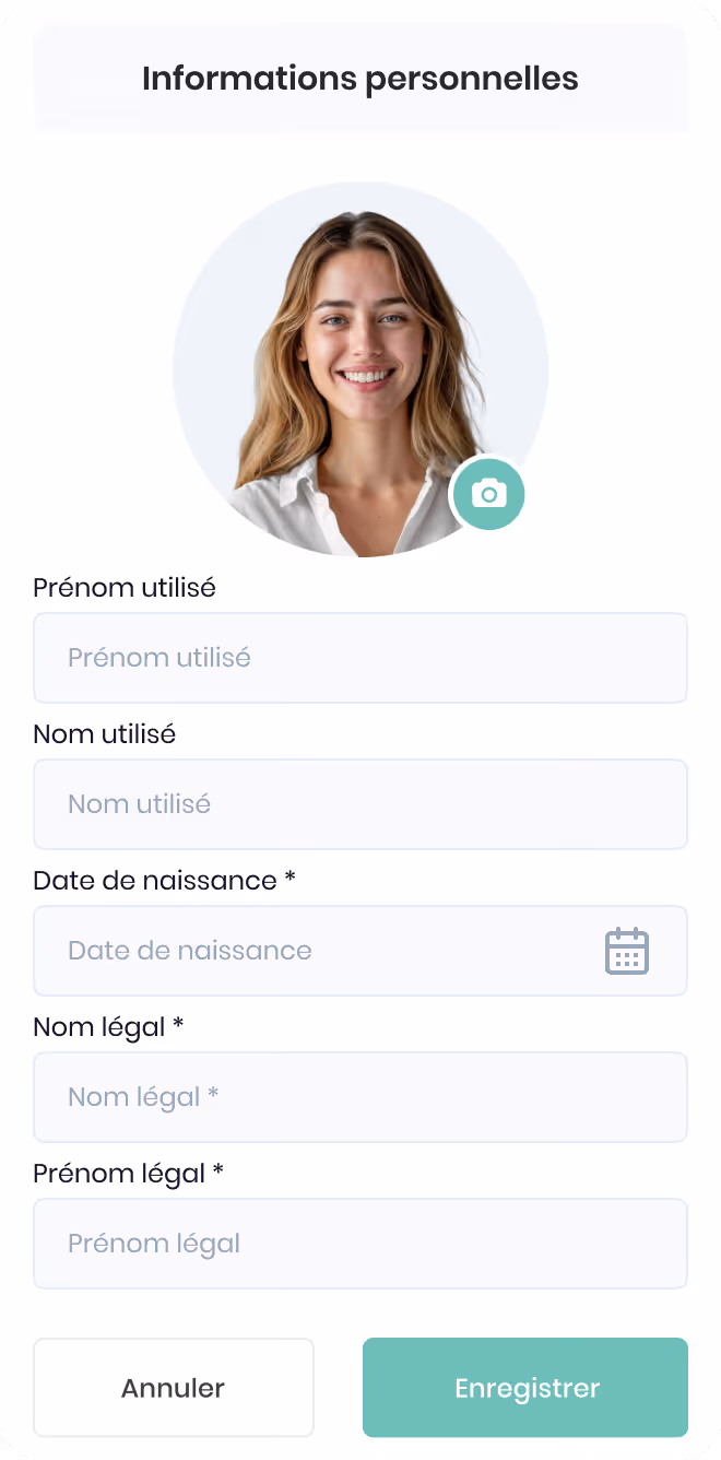 Formulaire de saisie d'informations personnelles avec photo d'une femme souriante, champs pour prénom utilisé, nom utilisé, date de naissance, nom légal et prénom légal, boutons Annuler et Enregistrer.