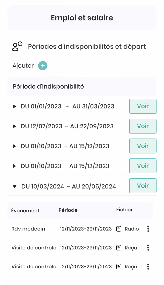Section Emploi et salaire montrant des périodes d'indisponibilités avec dates et boutons Voir, plus une liste d'événements médicaux avec périodes et fichiers associés.