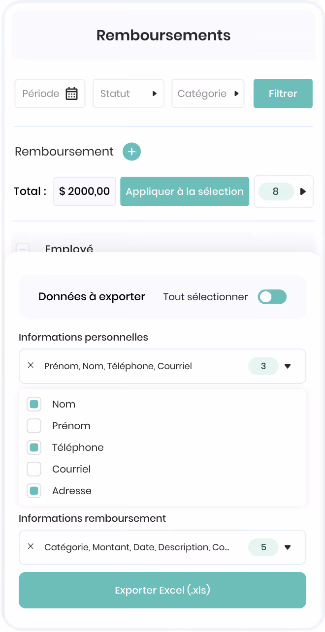 Section Emploi et salaire montrant des périodes d'indisponibilités avec dates et boutons Voir, plus une liste d'événements médicaux avec périodes et fichiers associés.