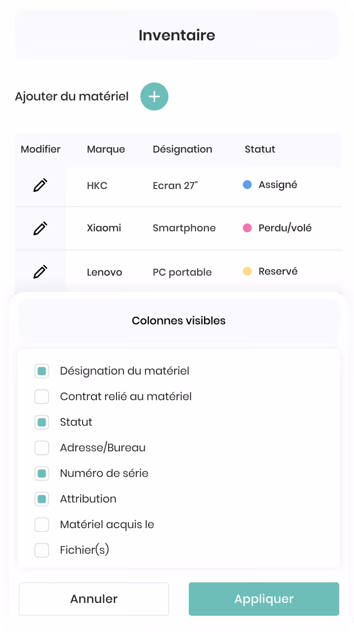 Interface gestion emploi et salaire montrant postes d'Employé Junior et Intermédiaire avec options visualiser ou ajouter, et salaires Recherche et innovation à 3 000 $ du 12/06/2023 au 12/10/2024.