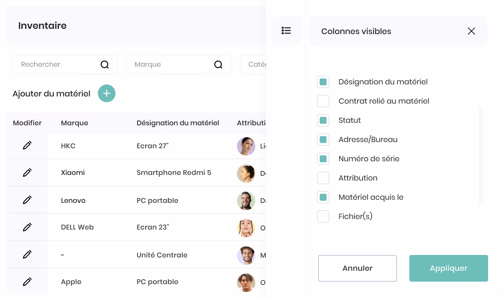 Interface de gestion d'emploi affichant le parcours professionnel, les salaires et avantages avec postes d'employé junior et intermédiaire, dates, et options pour visualiser ou ajouter.