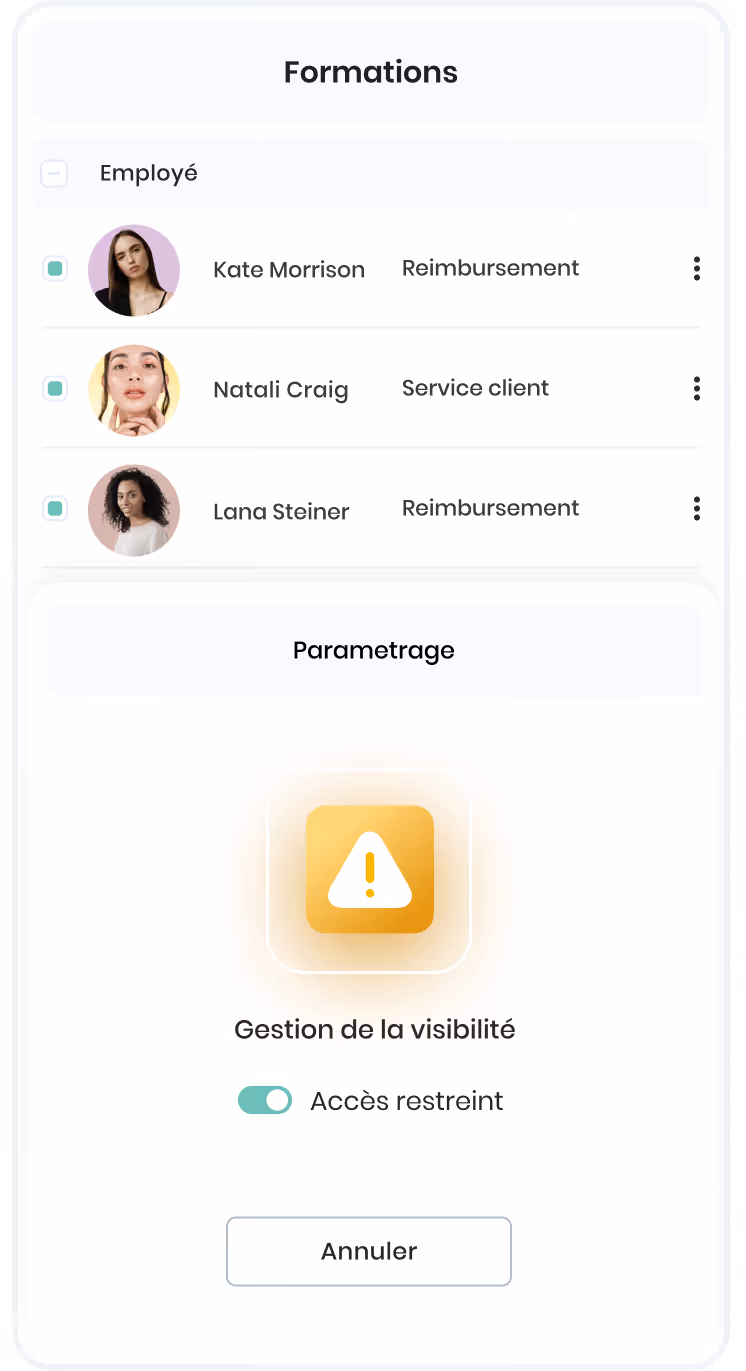 Interface montrant un tableau de parcours et certifications des employés avec leurs noms, photos, formations, un total de 2000$, et des boutons importer et exporter.