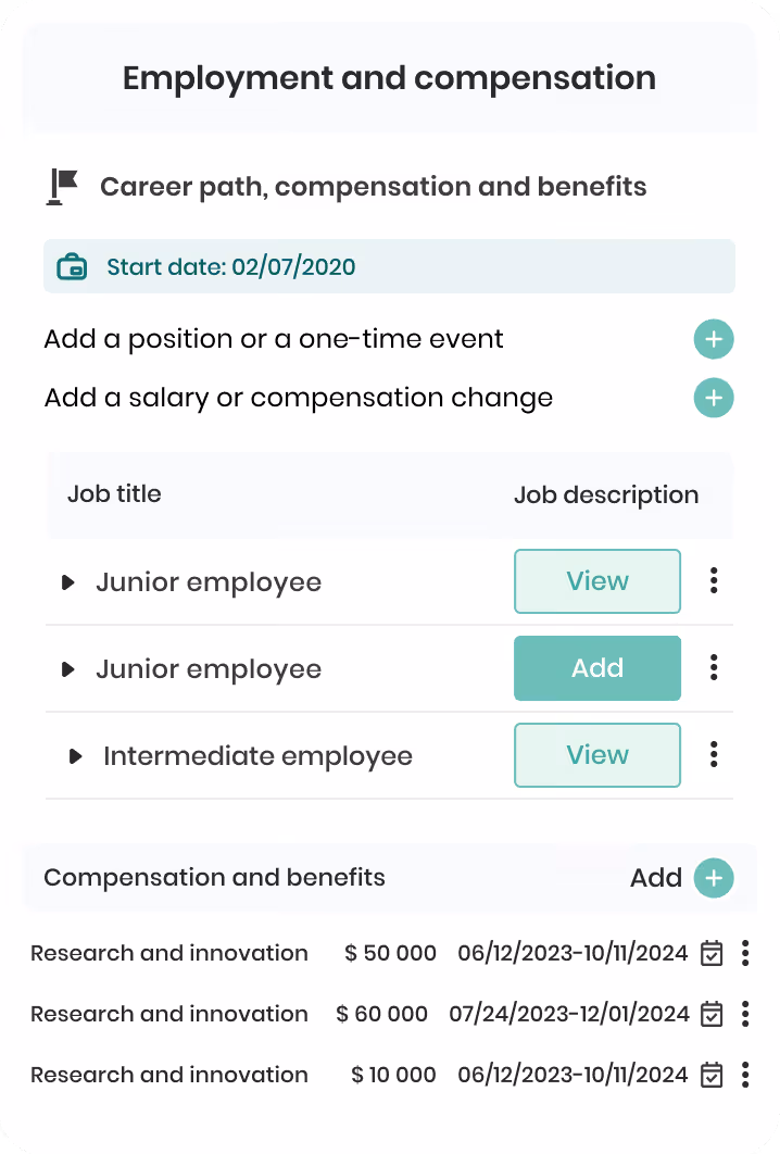 Interface gestion emploi et salaire montrant postes d'Employé Junior et Intermédiaire avec options visualiser ou ajouter, et salaires Recherche et innovation à 3 000 $ du 12/06/2023 au 12/10/2024.