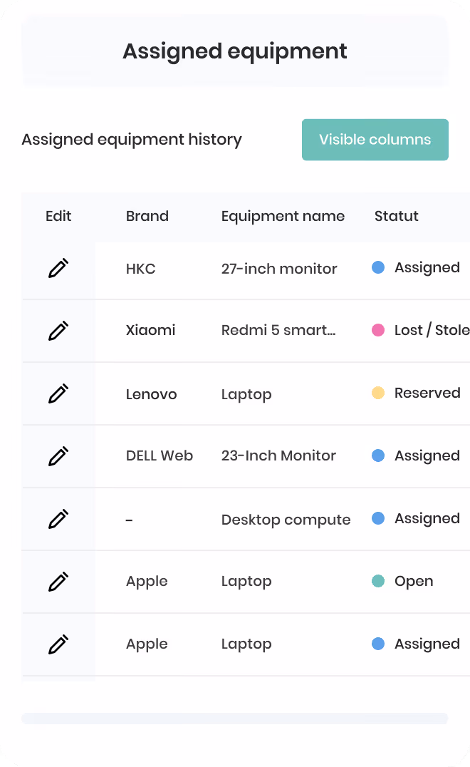 Tableau de matériel assigné listant marque, désignation et statut, incluant écrans, smartphones et PC portables avec statuts assigné, perdu/volé, réservé et libre.
