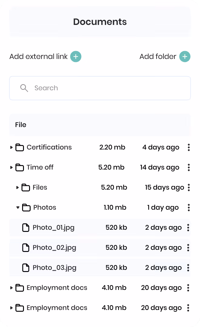 Interface de gestion de documents avec dossiers et fichiers listés, affichant les tailles et dates de modification en français.