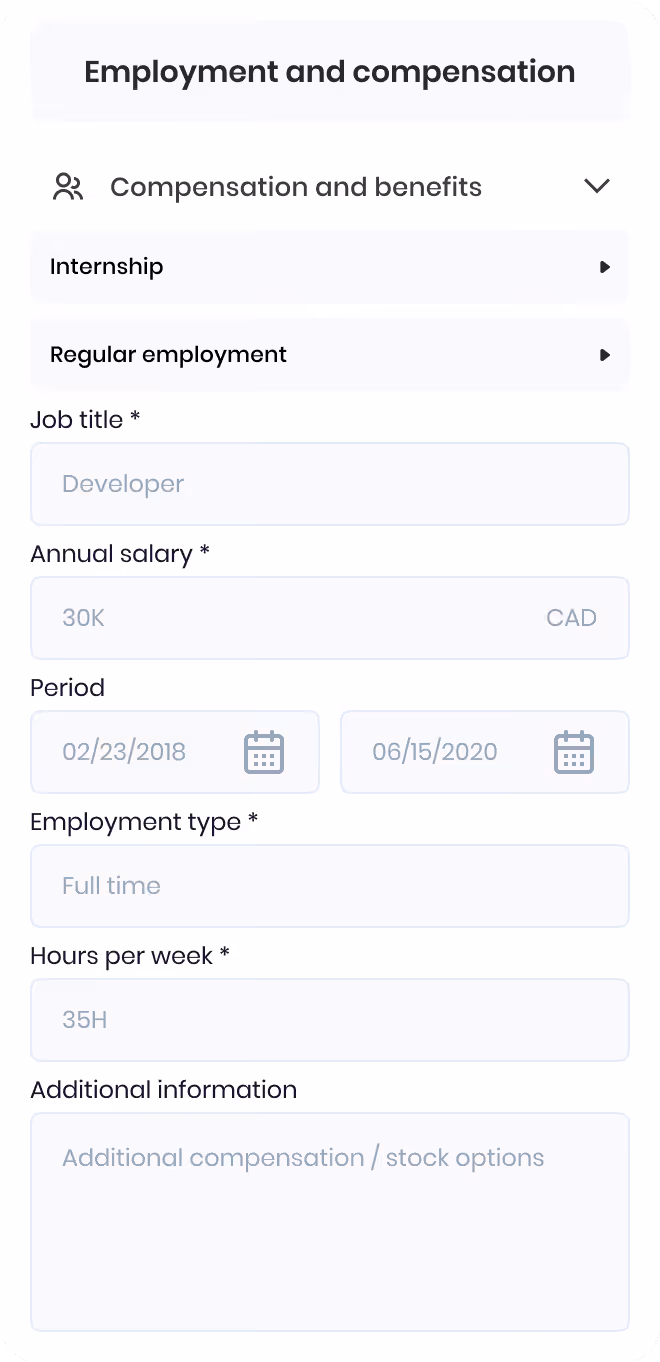 Formulaire d'emploi et salaire avec champs pour titre, salaire annuel, période, type d'emploi, heures par semaine et informations additionnelles.