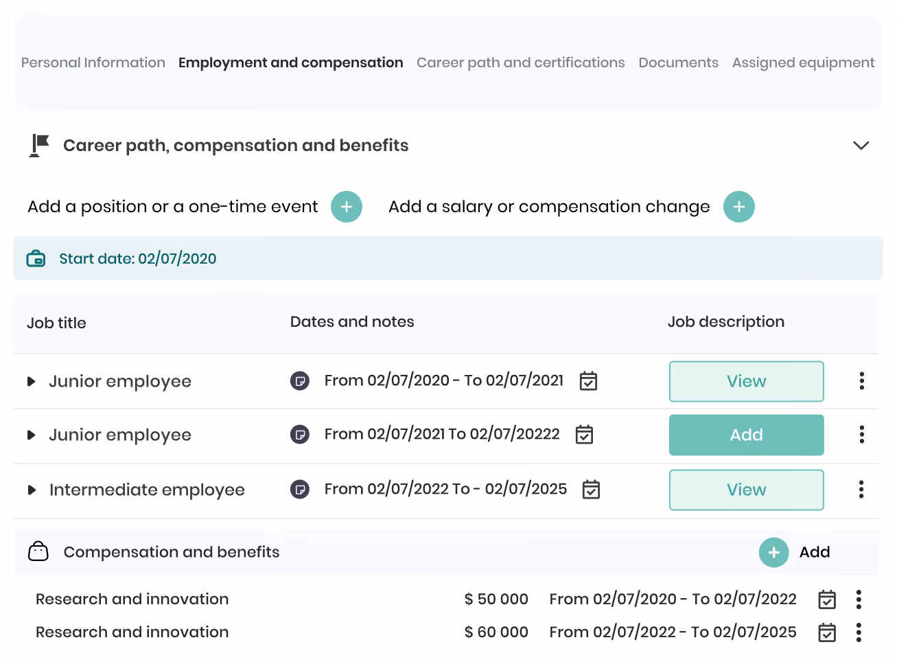 Interface de gestion d'emploi affichant le parcours professionnel, les salaires et avantages avec postes d'employé junior et intermédiaire, dates, et options pour visualiser ou ajouter.