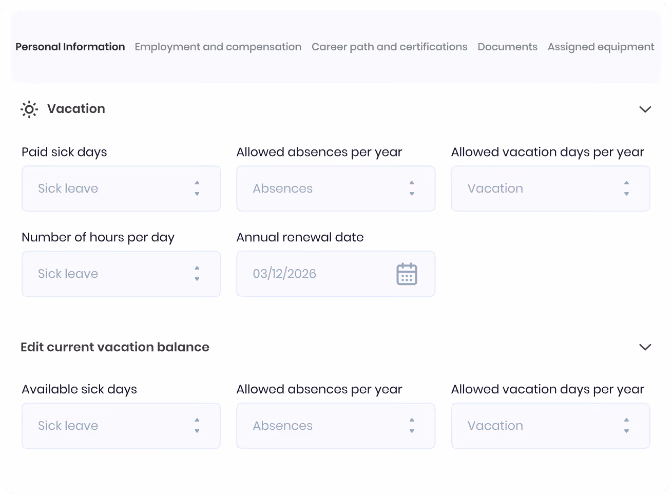 Formulaire de gestion des vacances avec sections pour jours de maladie payés, absences annuelles, vacances annuelles, nombre d'heures par jour, et date de renouvellement annuel.