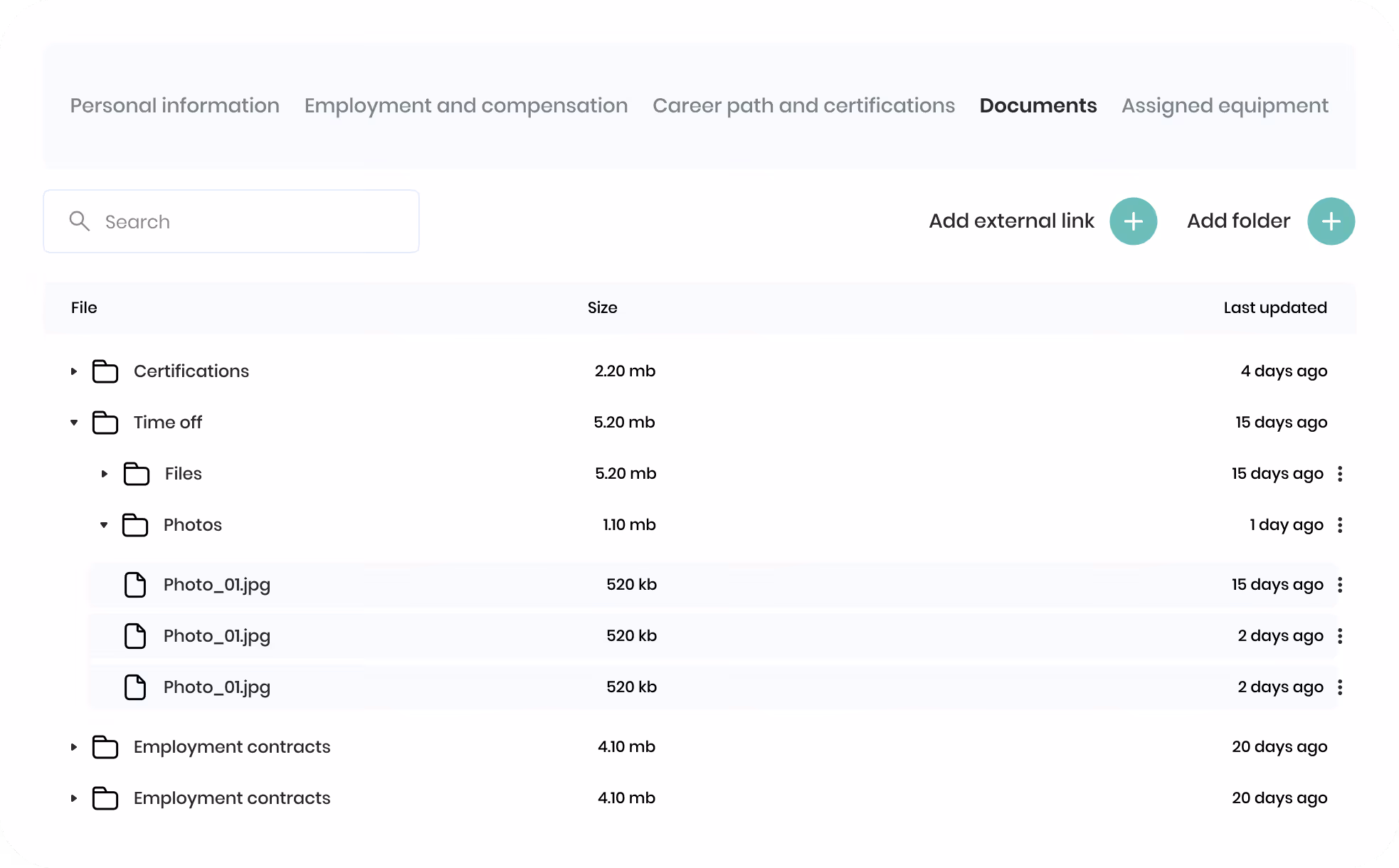 Interface de gestion de documents avec dossiers nommés Certifications, Congés (contenant Fichiers et Photos), et Contrats de travail, affichant tailles de fichiers et dates de dernière modification.