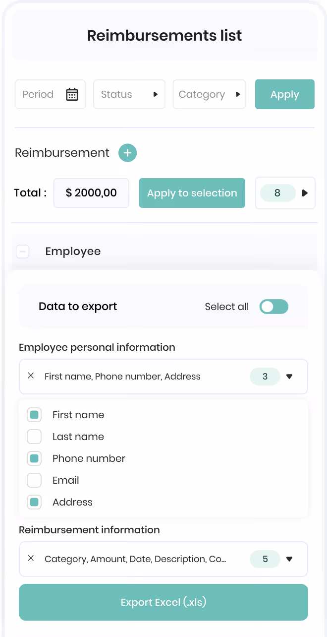 Section Emploi et salaire montrant des périodes d'indisponibilités avec dates et boutons Voir, plus une liste d'événements médicaux avec périodes et fichiers associés.