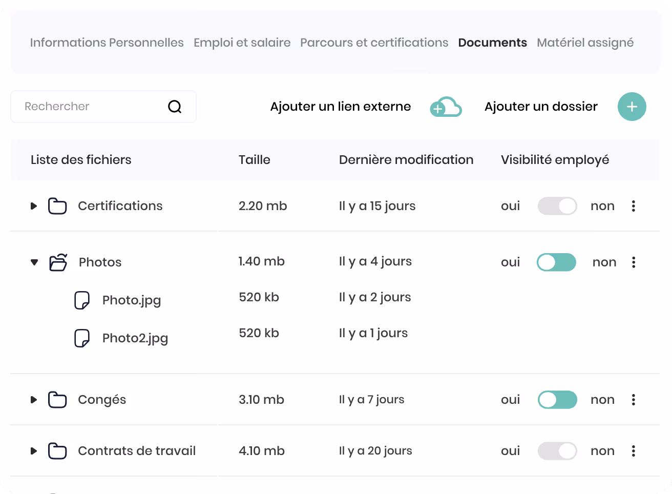 Interface de gestion d'emploi affichant le parcours professionnel, les salaires et avantages avec postes d'employé junior et intermédiaire, dates, et options pour visualiser ou ajouter.