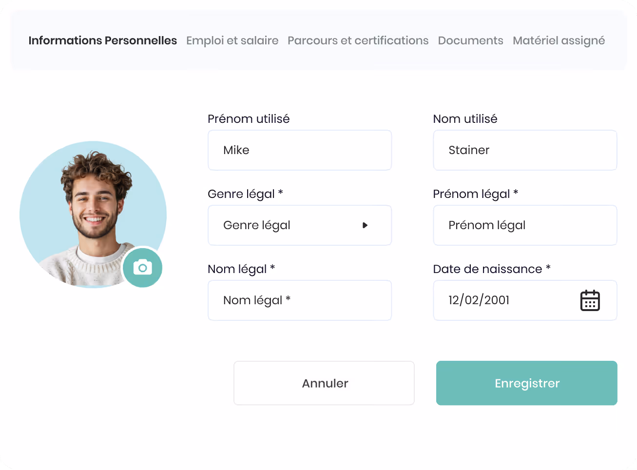 Formulaire de gestion des vacances avec sections pour jours de maladie payés, absences annuelles, vacances annuelles, nombre d'heures par jour, et date de renouvellement annuel.