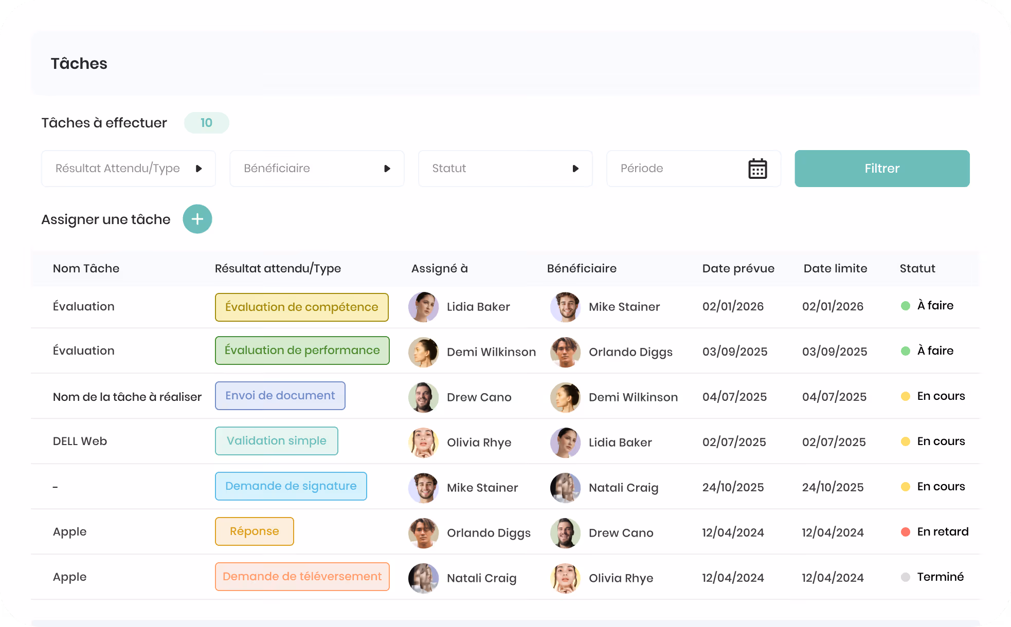 Interface de gestion de documents avec dossiers nommés Certifications, Congés (contenant Fichiers et Photos), et Contrats de travail, affichant tailles de fichiers et dates de dernière modification.