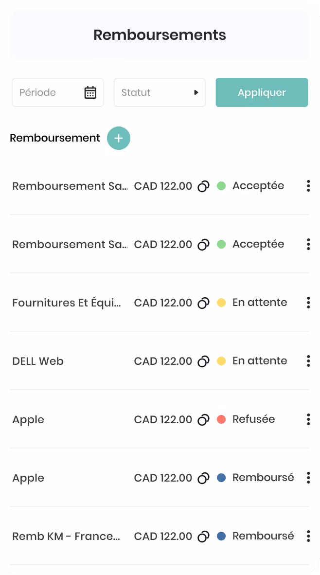Tableau de matériel assigné listant marque, désignation et statut, incluant écrans, smartphones et PC portables avec statuts assigné, perdu/volé, réservé et libre.