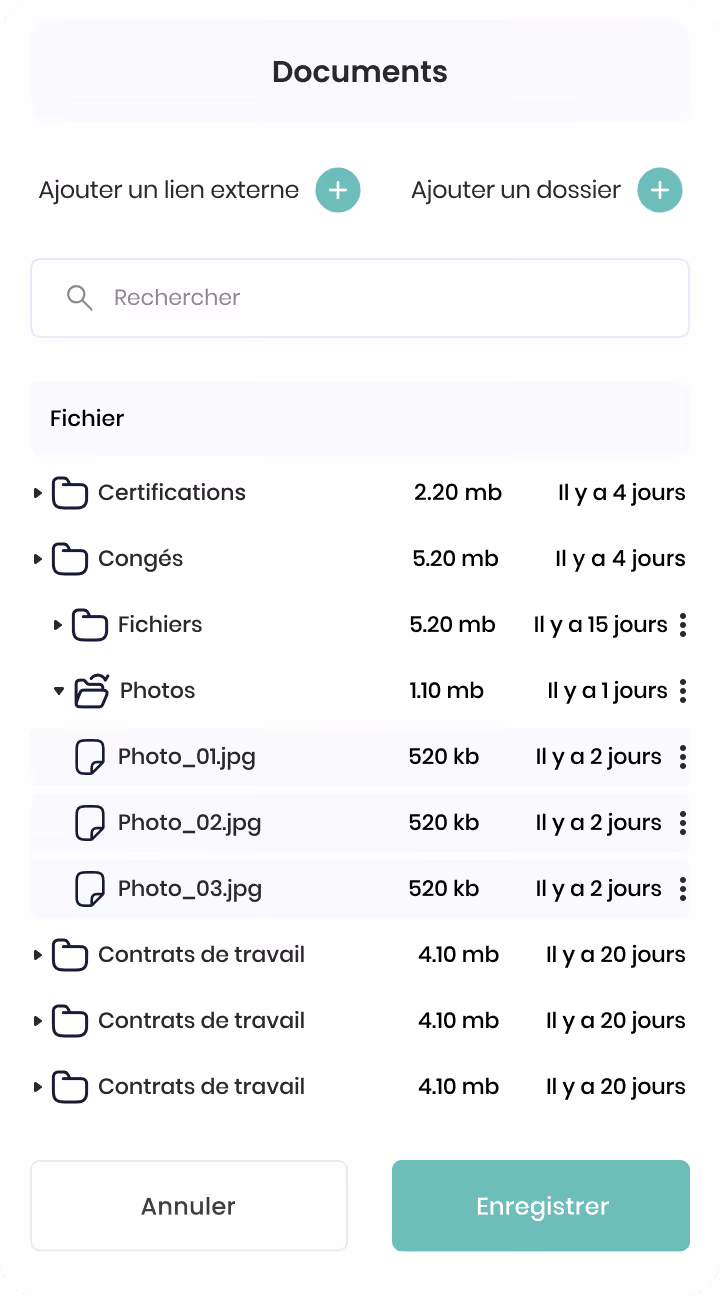 Interface gestion emploi et salaire montrant postes d'Employé Junior et Intermédiaire avec options visualiser ou ajouter, et salaires Recherche et innovation à 3 000 $ du 12/06/2023 au 12/10/2024.