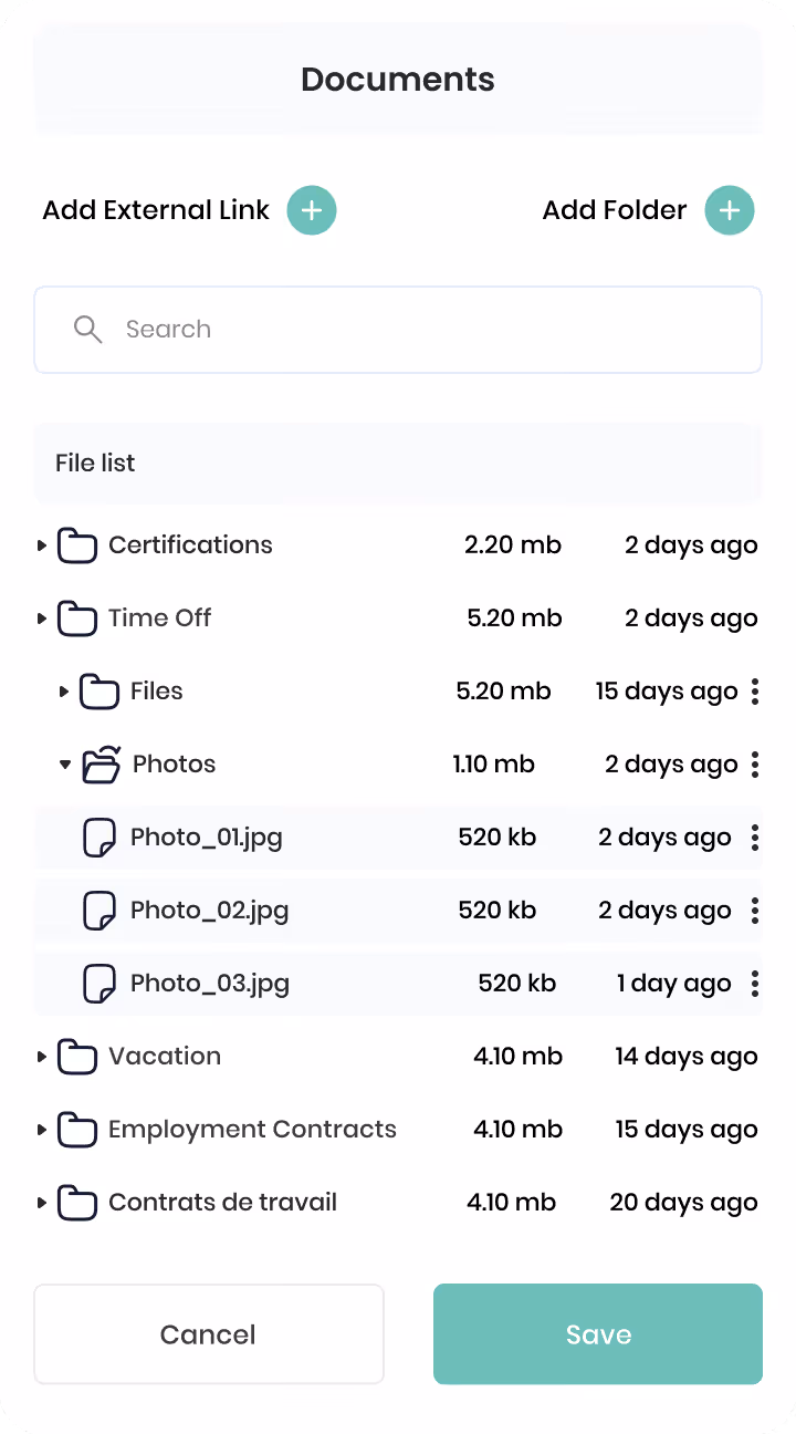 Interface gestion emploi et salaire montrant postes d'Employé Junior et Intermédiaire avec options visualiser ou ajouter, et salaires Recherche et innovation à 3 000 $ du 12/06/2023 au 12/10/2024.