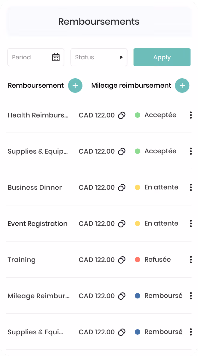 Tableau de matériel assigné listant marque, désignation et statut, incluant écrans, smartphones et PC portables avec statuts assigné, perdu/volé, réservé et libre.