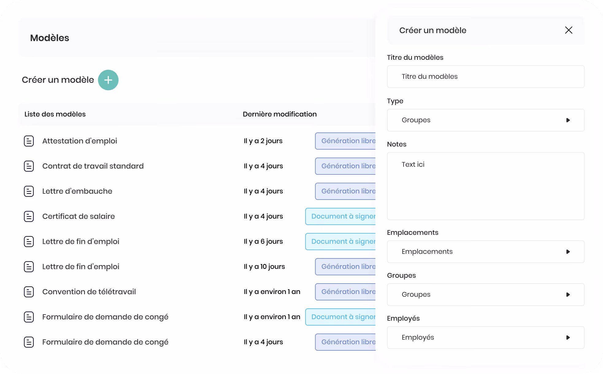 Tableau des périodes d'indisponibilités et départs avec dates, types, notes et options pour ajouter un événement, incluant congé maternité, congé sans solde, congé adoption, accident de travail, et visites médicales avec fichiers associés et alertes.