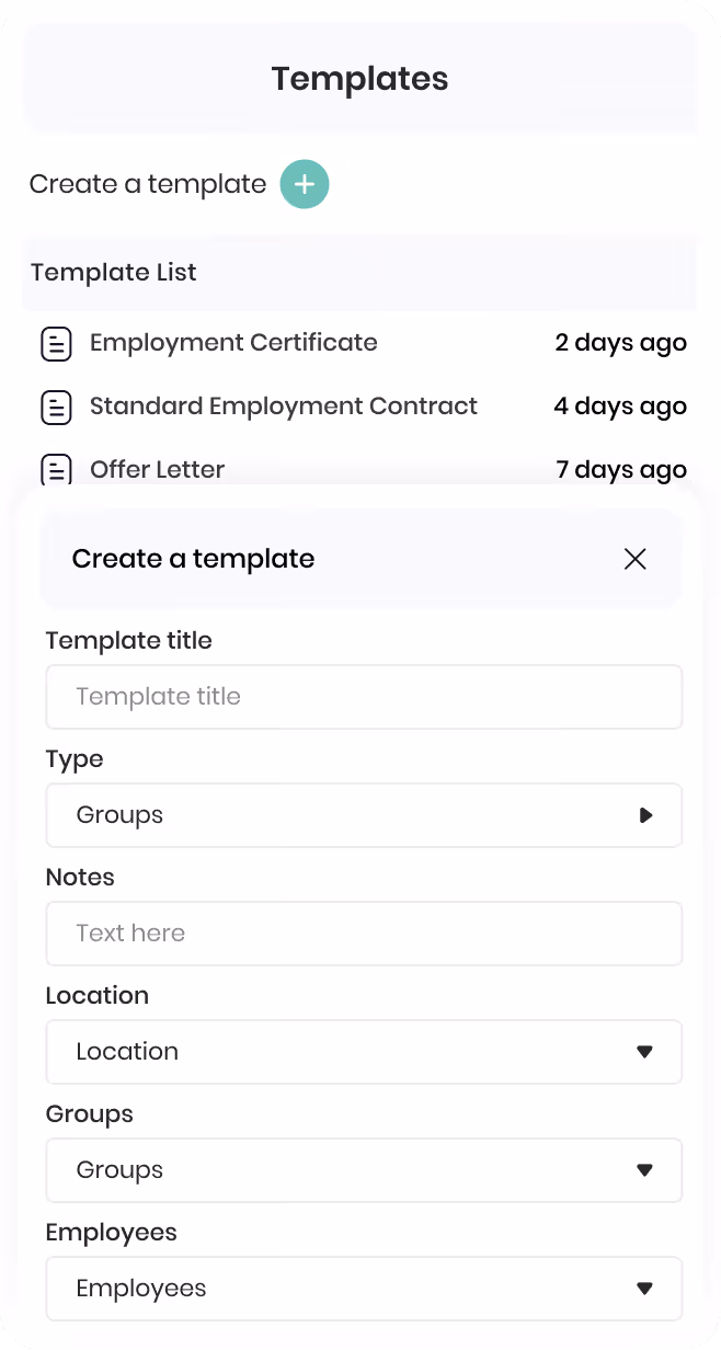 Section Emploi et salaire montrant des périodes d'indisponibilités avec dates et boutons Voir, plus une liste d'événements médicaux avec périodes et fichiers associés.