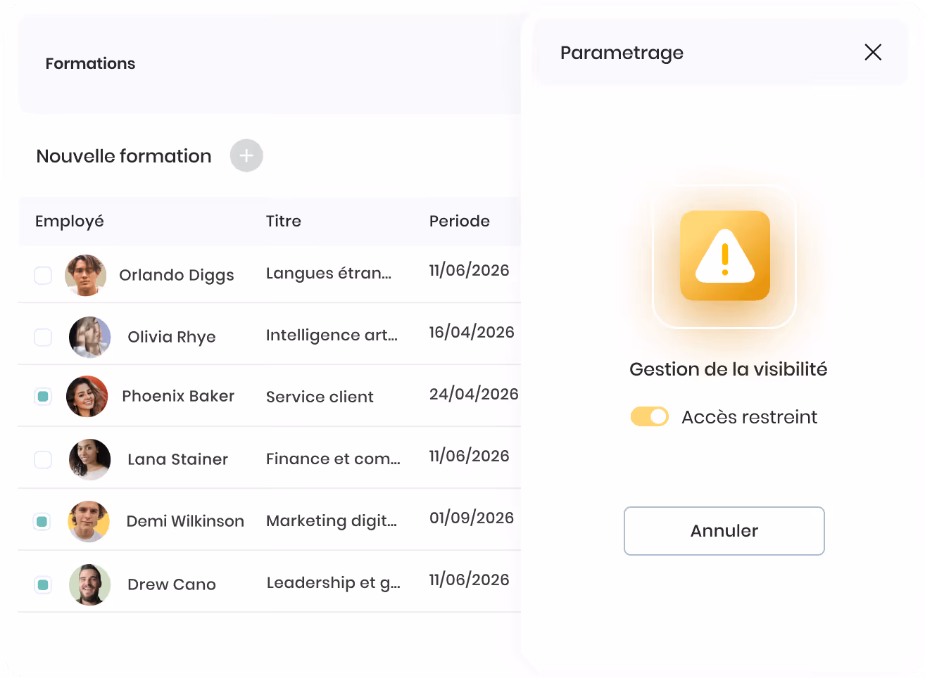Tableau de formations avec noms d'employés, types de formation, catégories, dates, coûts totaux et admissibilité, interface en français.