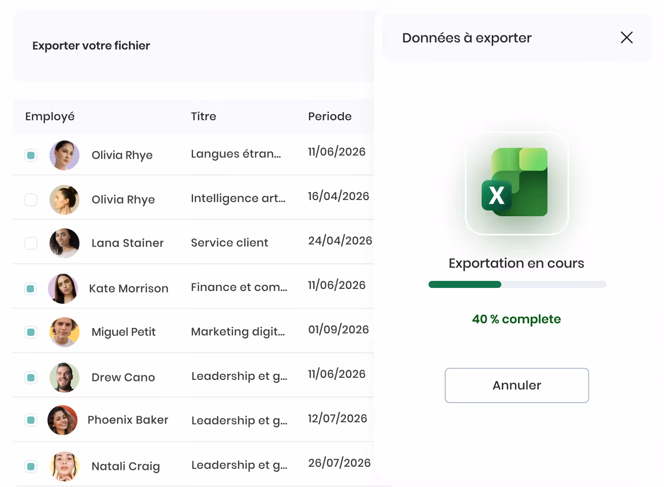 Interface de gestion d'emploi affichant le parcours professionnel, les salaires et avantages avec postes d'employé junior et intermédiaire, dates, et options pour visualiser ou ajouter.