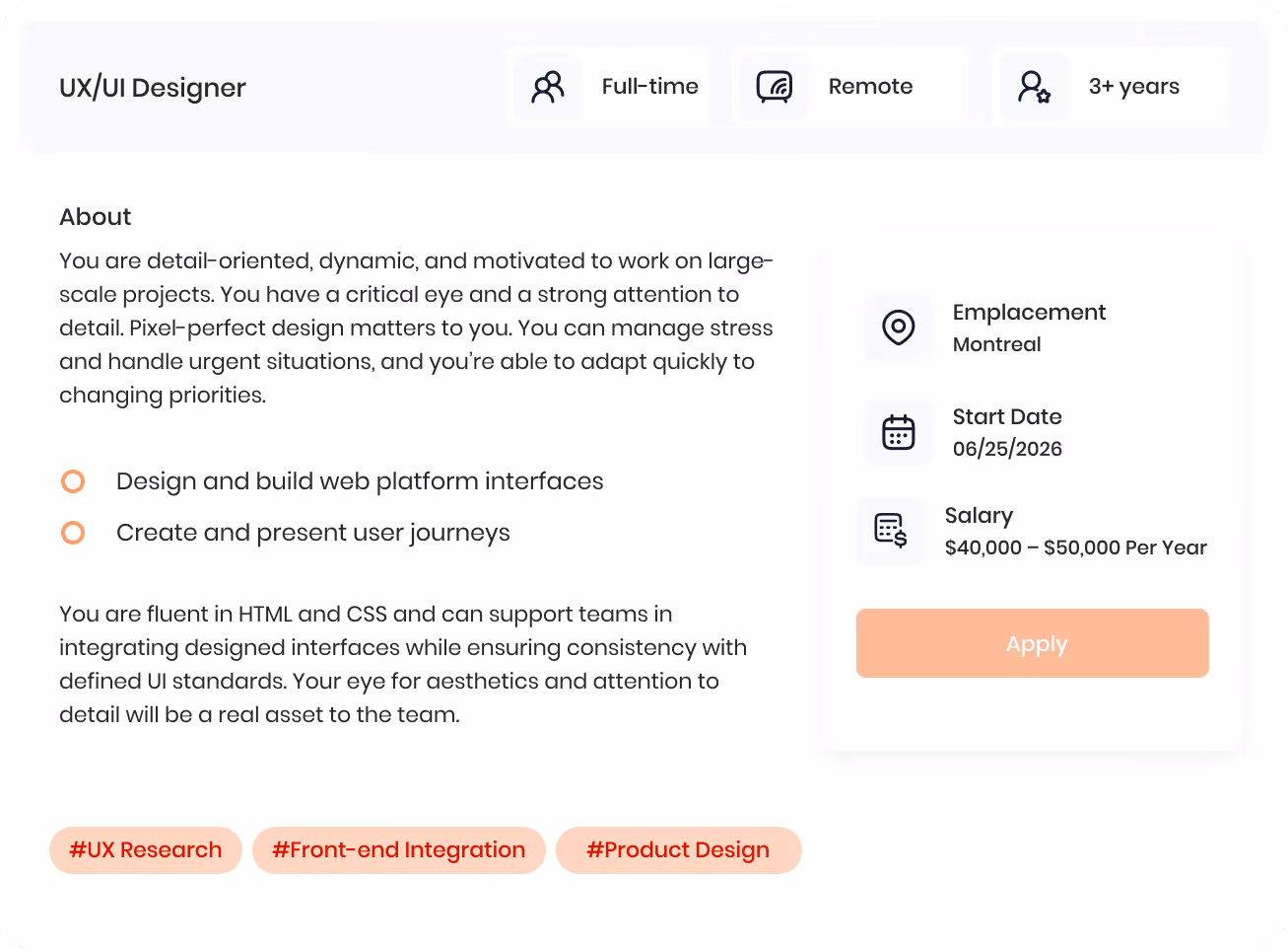 Interface de gestion d'emploi affichant le parcours professionnel, les salaires et avantages avec postes d'employé junior et intermédiaire, dates, et options pour visualiser ou ajouter.