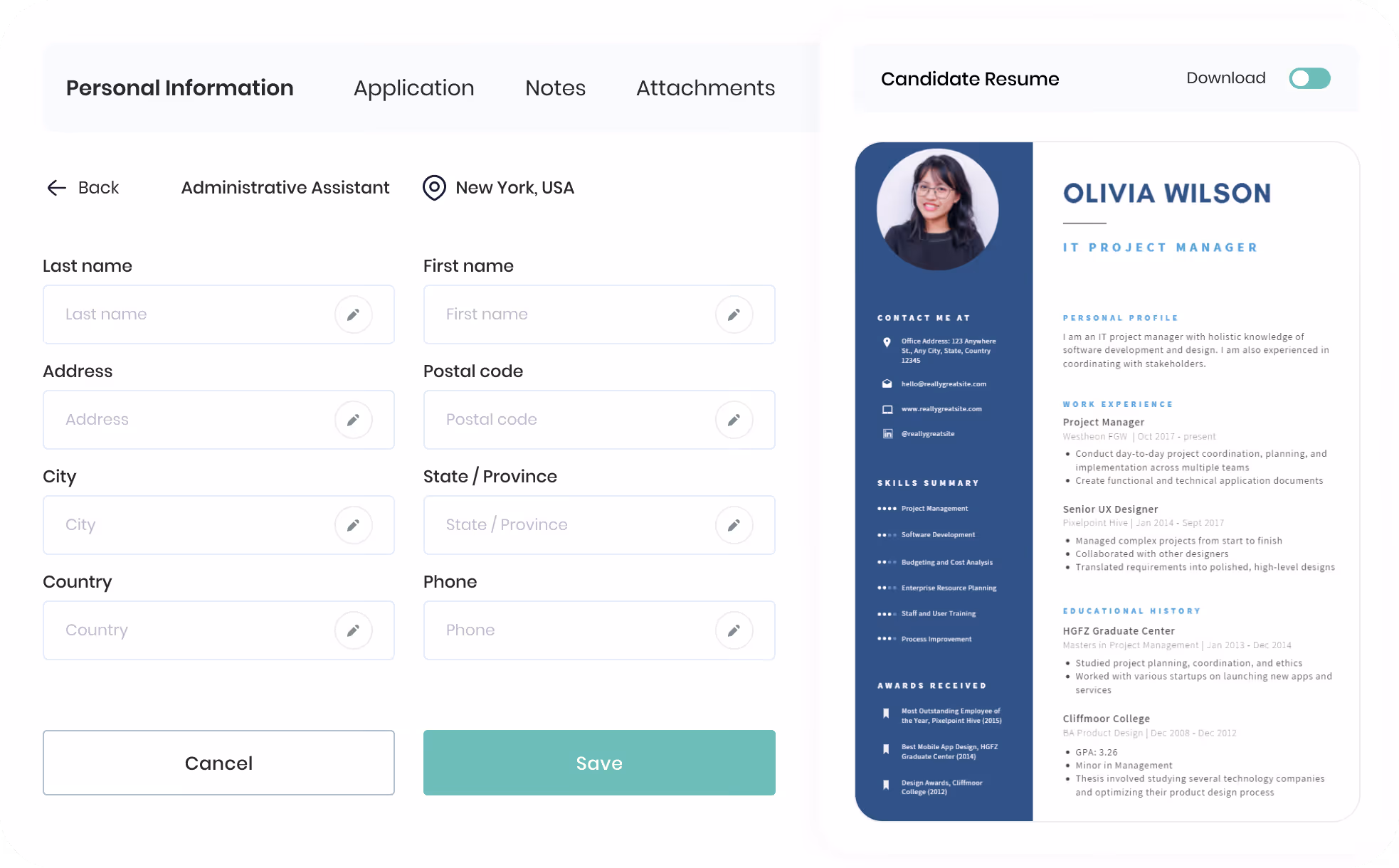 Interface de gestion de documents avec dossiers nommés Certifications, Congés (contenant Fichiers et Photos), et Contrats de travail, affichant tailles de fichiers et dates de dernière modification.
