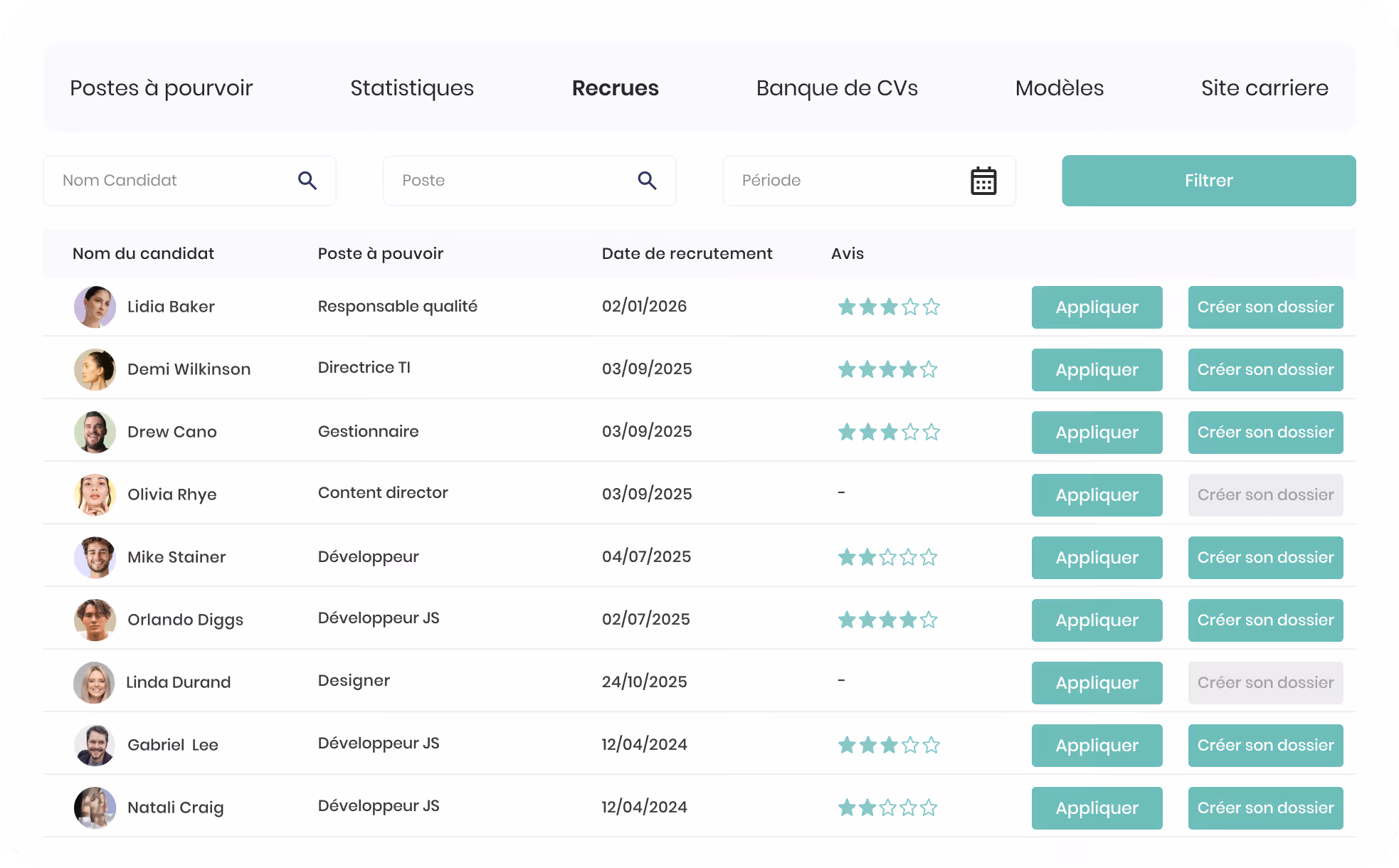 Tableau affichant l'historique du matériel assigné avec colonnes : Modifier, Marque, Désignation, Détails, Catégorie, Statut, Assigné, État. Liste de matériel incluant écrans, smartphones et PC portables avec statuts assigné, perdu/volé, réservé, et libre.