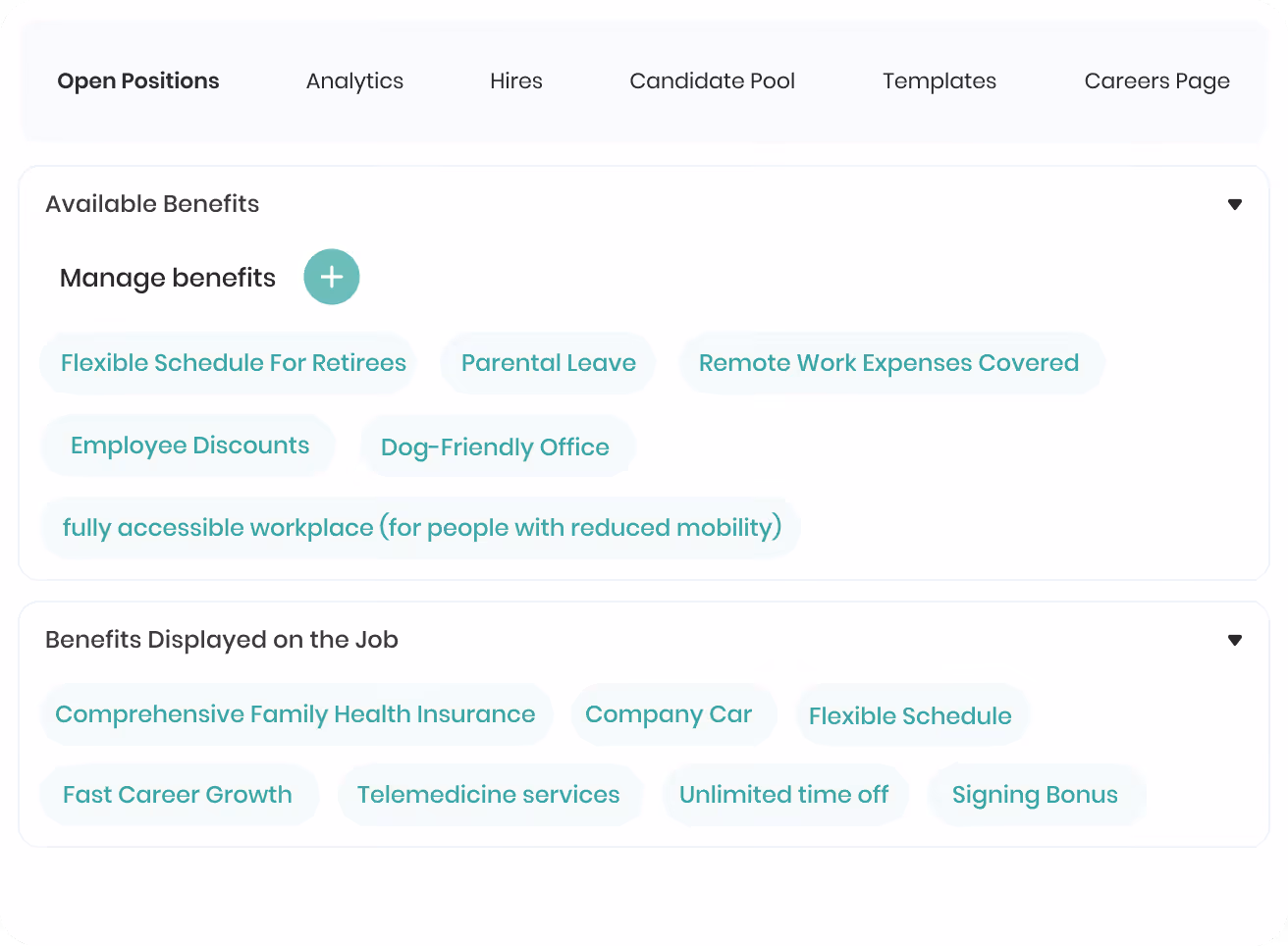 Interface de gestion d'emploi affichant le parcours professionnel, les salaires et avantages avec postes d'employé junior et intermédiaire, dates, et options pour visualiser ou ajouter.
