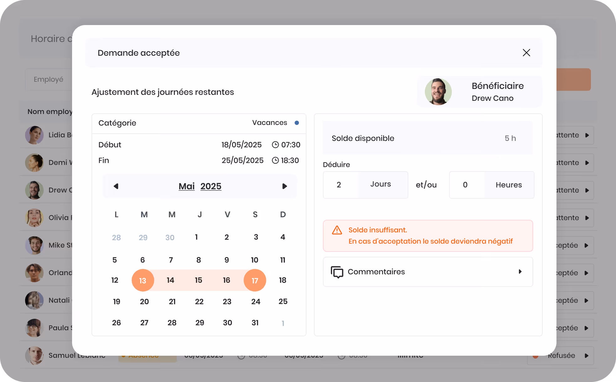 Formulaire d'emploi et salaire avec titre développeur, salaire annuel 30K CAD, période du 23 février 2018 au 15 juin 2020, type d’emploi temps plein et 35 heures par semaine.