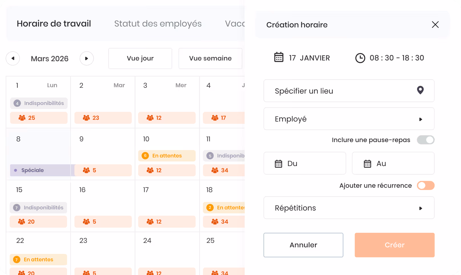 Formulaire de gestion des vacances avec sections pour jours de maladie payés, absences annuelles, vacances annuelles, nombre d'heures par jour, et date de renouvellement annuel.