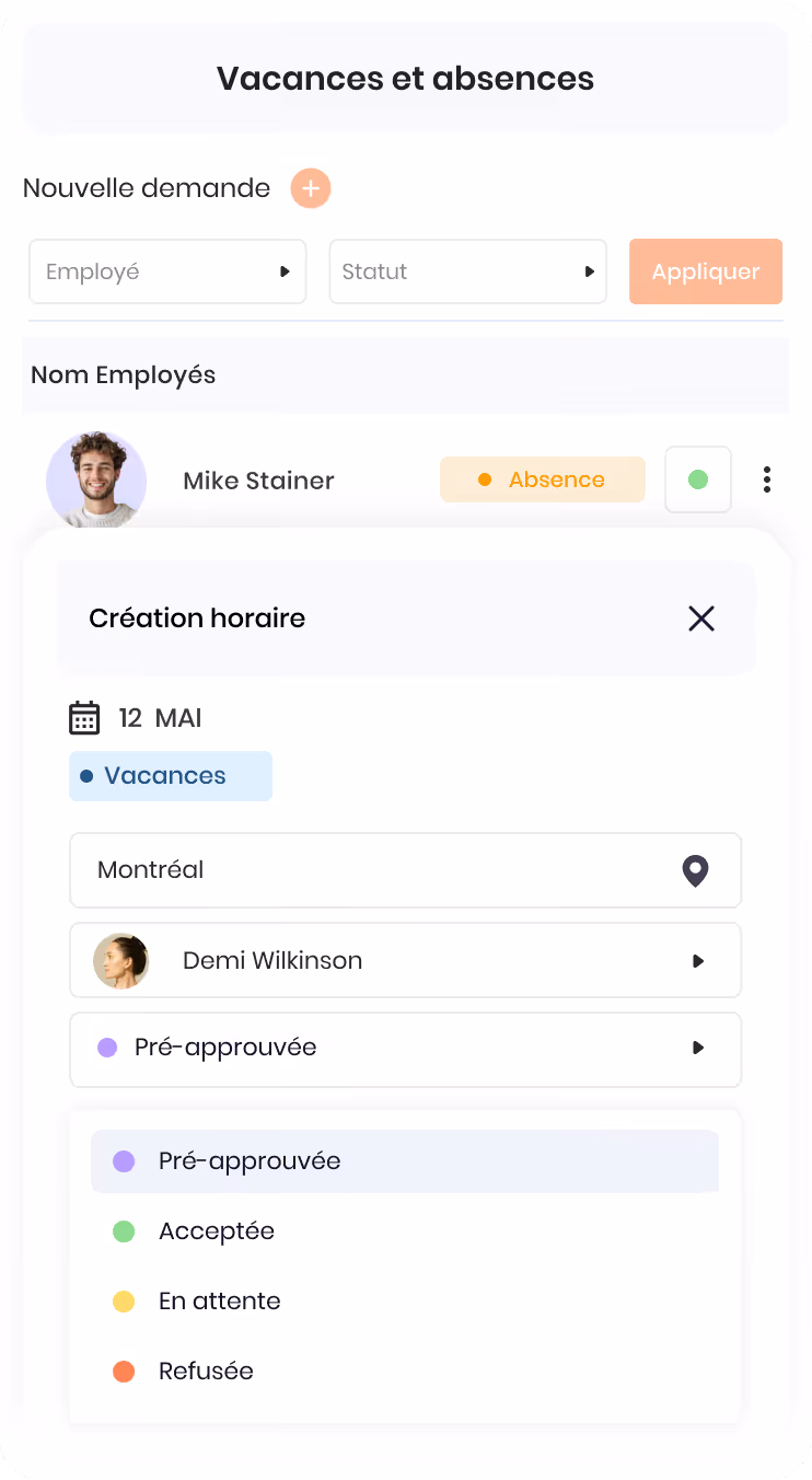Formulaire d'emploi et salaire avec champs pour titre, salaire annuel, période, type d'emploi, heures par semaine et informations additionnelles.