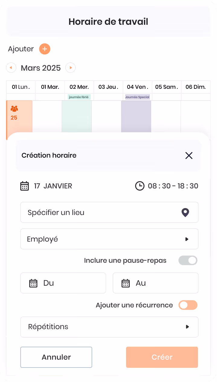 Formulaire Vacances montrant les champs pour journées de maladie payées, absences permises par année, vacances permises par année, nombre d'heures par jour et date de renouvellement annuel.