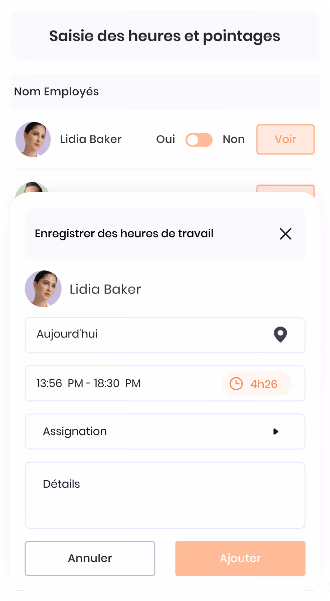 Formulaire d'emploi et salaire avec champs pour titre, salaire annuel, période, type d'emploi, heures par semaine et informations additionnelles.