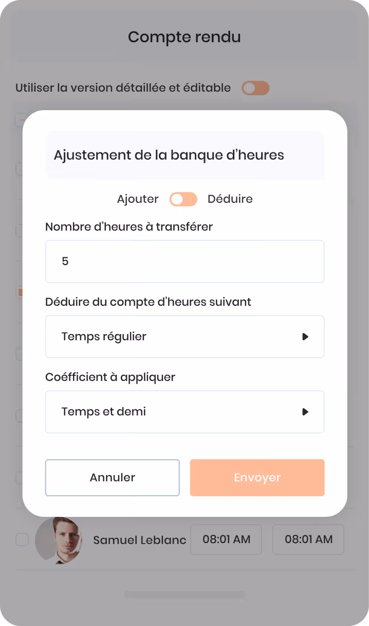 Formulaire Vacances montrant les champs pour journées de maladie payées, absences permises par année, vacances permises par année, nombre d'heures par jour et date de renouvellement annuel.