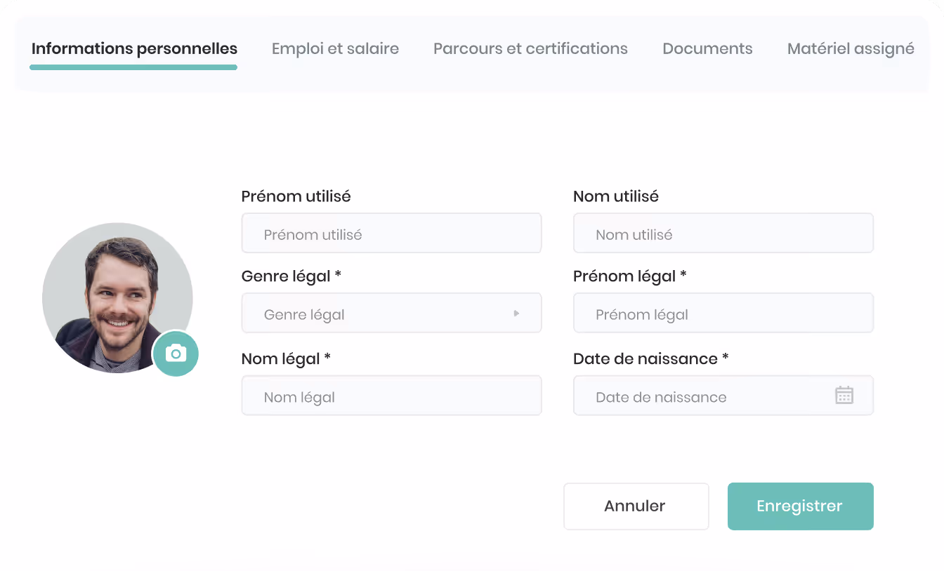 Form for entering personal information including preferred and legal first and last names, legal gender, and date of birth with a profile photo circle and camera icon.