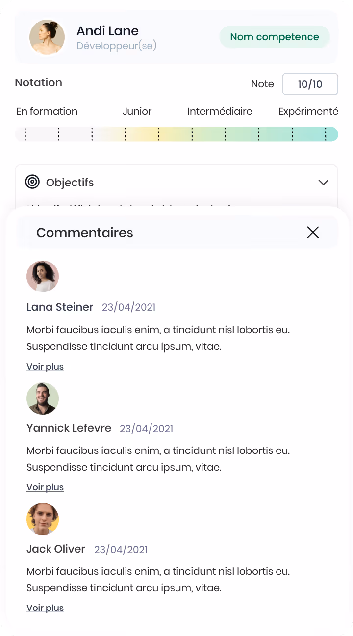 Tableau de matériel assigné listant marque, désignation et statut, incluant écrans, smartphones et PC portables avec statuts assigné, perdu/volé, réservé et libre.
