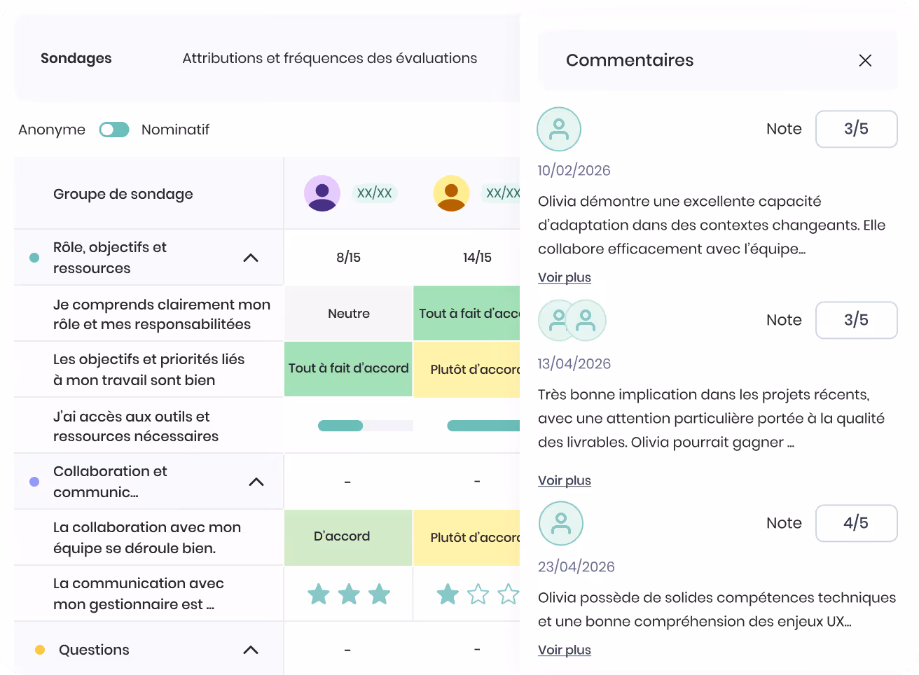 Interface de gestion d'emploi affichant le parcours professionnel, les salaires et avantages avec postes d'employé junior et intermédiaire, dates, et options pour visualiser ou ajouter.